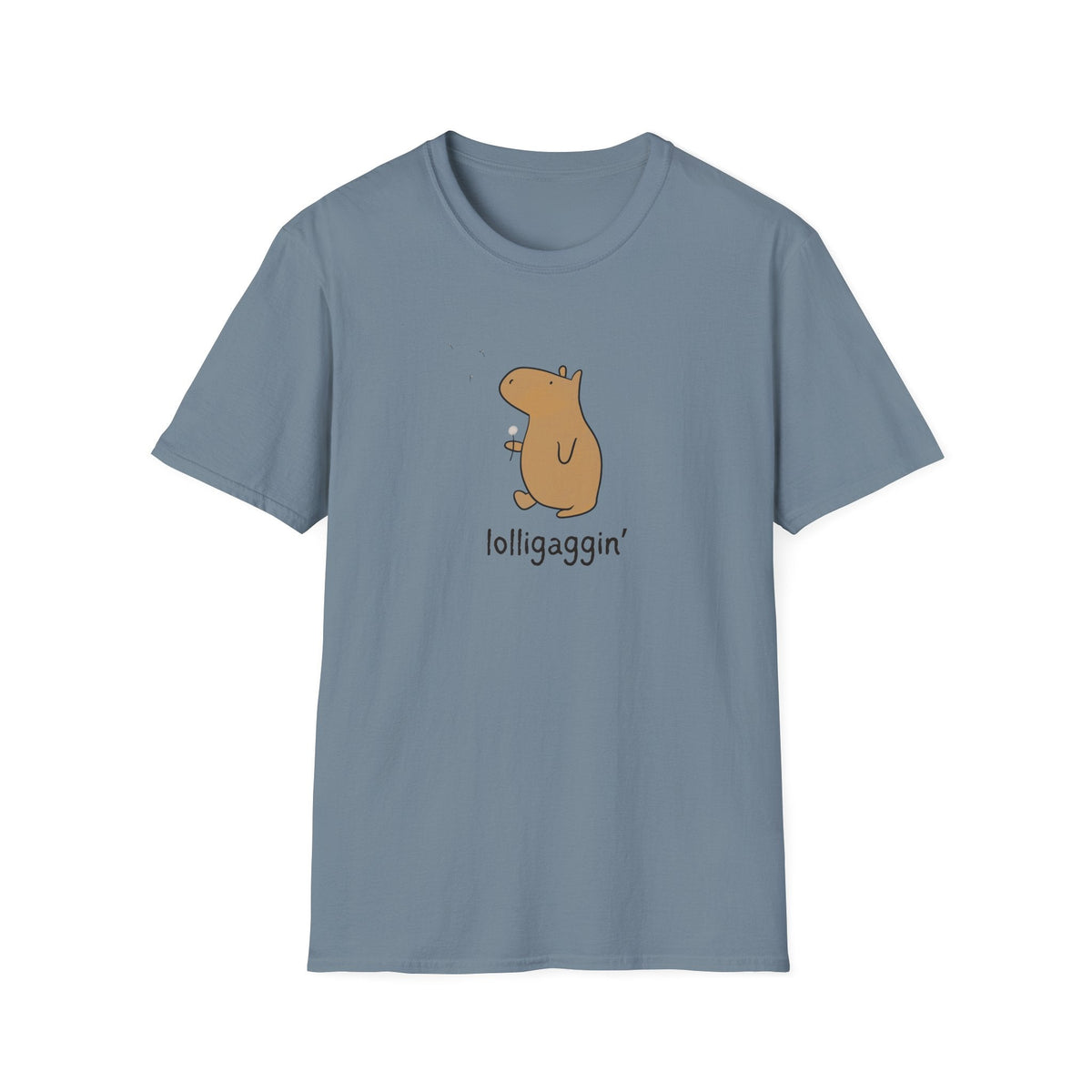Capy Life softstyle adult tee in slate blue featuring a hand-drawn capybara holding a dandelion with lolligaggin text