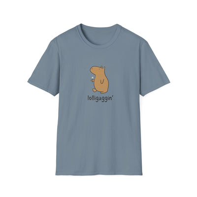 Capy Life softstyle adult tee in slate blue featuring a hand-drawn capybara holding a dandelion with lolligaggin text