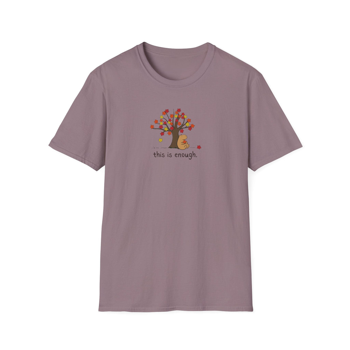 Capy Life softstyle t-shirt in mauve featuring a hand-drawn capybara under an autumn tree with the text this is enough