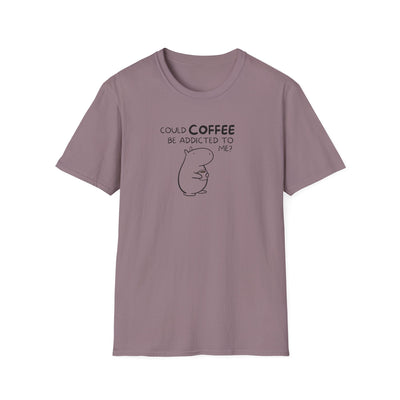 Capy Life softstyle t-shirt in mauve featuring a minimalist black line drawing of Gene the capybara holding coffee.