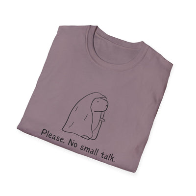 Capy Life mauve softstyle t-shirt featuring a minimalist capybara illustration and the text Please. No small talk.