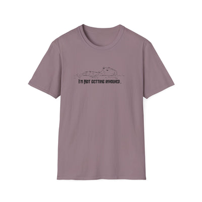 Capy Life softstyle mauve t-shirt featuring a hand-drawn capybara floating in water with the text I'm Not Getting Involved