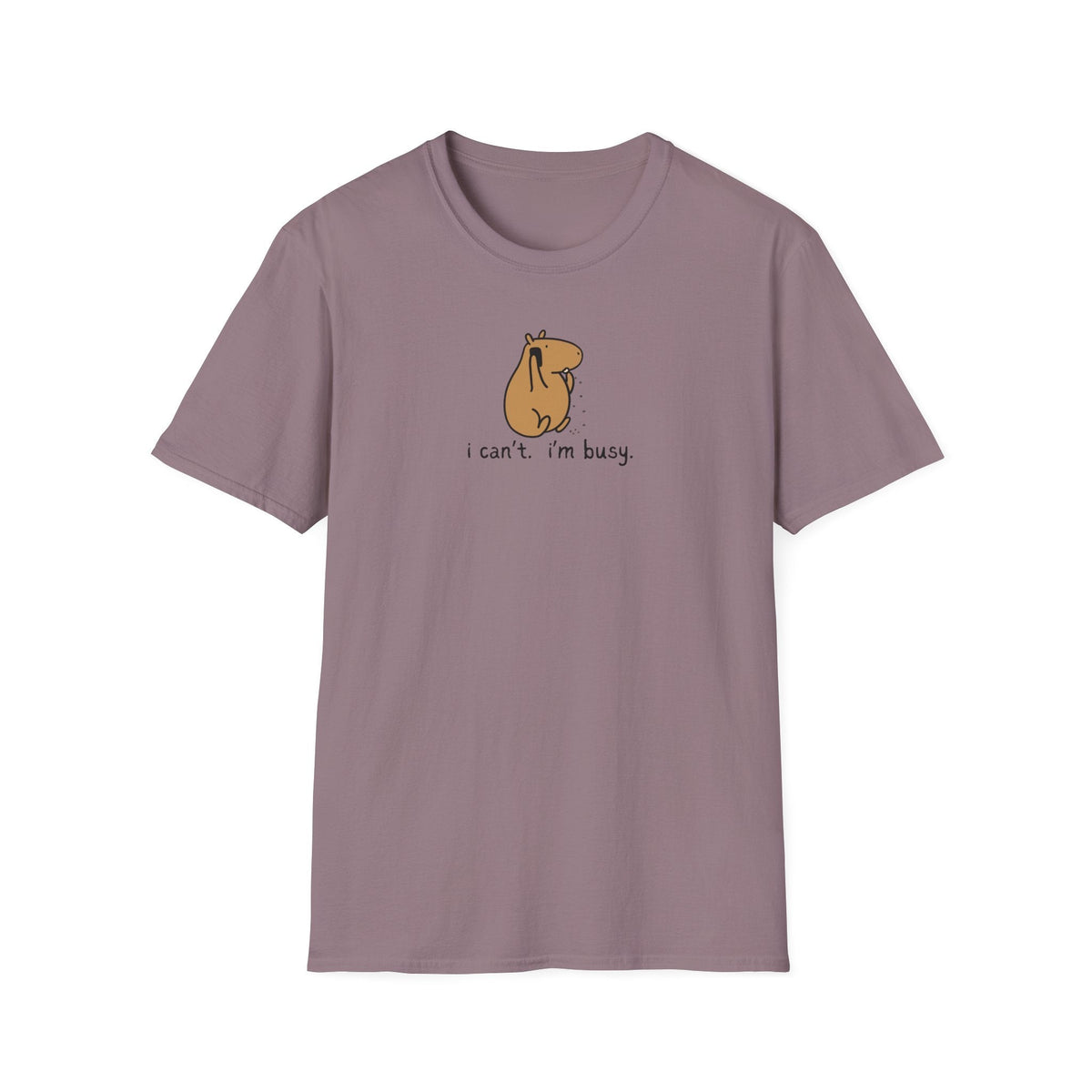 Capy Life mauve softstyle t-shirt featuring a minimalist illustration of a capybara snacking with the text I can’t. I’m busy.