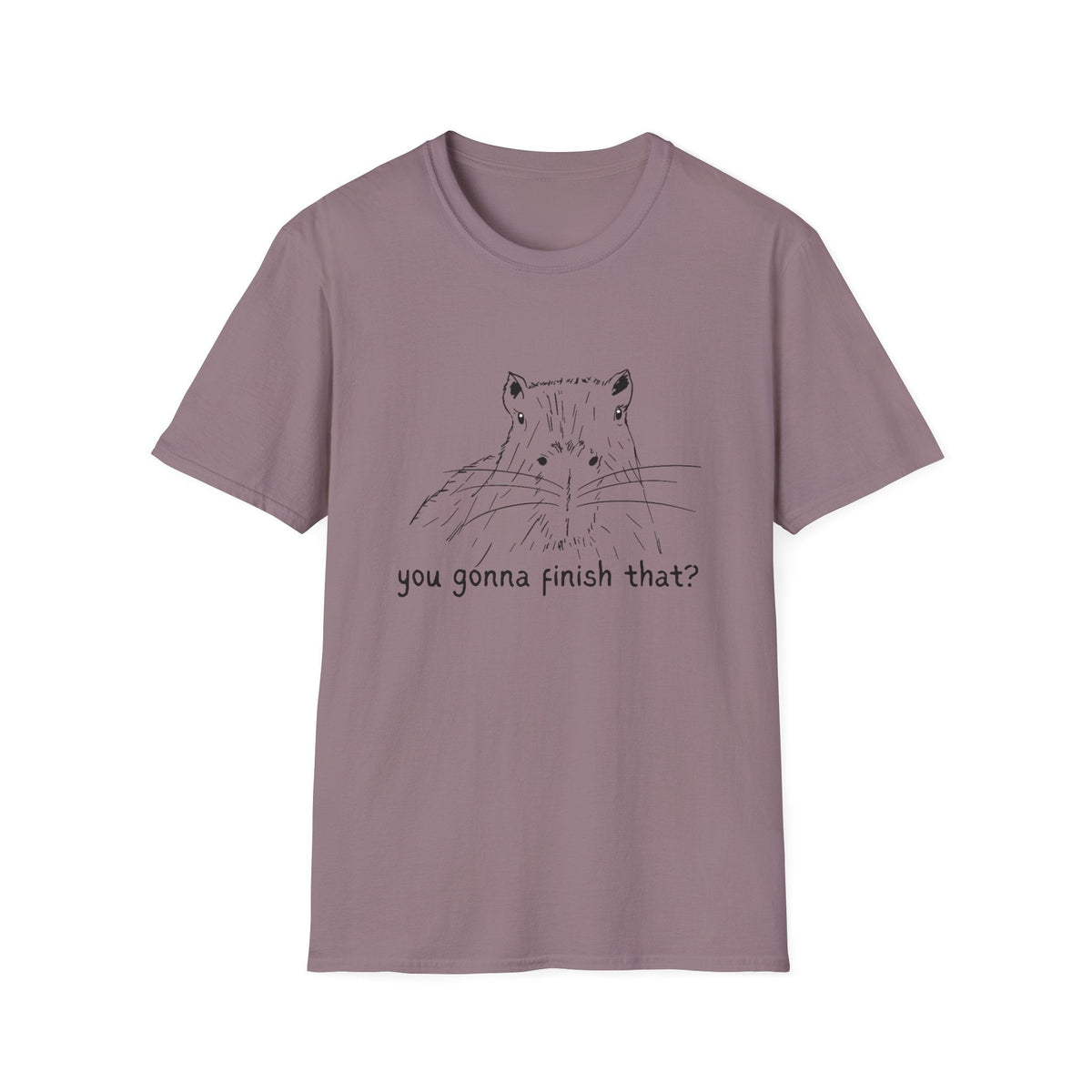 Capy Life softstyle adult tee in mauve featuring a hand-drawn capybara sketch and You gonna finish that text