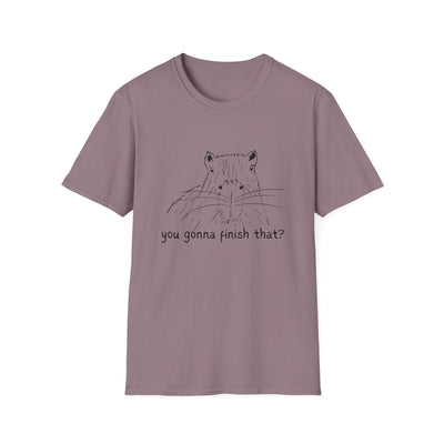 Capy Life softstyle adult tee in mauve featuring a hand-drawn capybara sketch and You gonna finish that text
