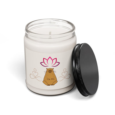 Capy Life meditation scented candle in a glass jar with a meditating capybara and lotus flower illustration label.