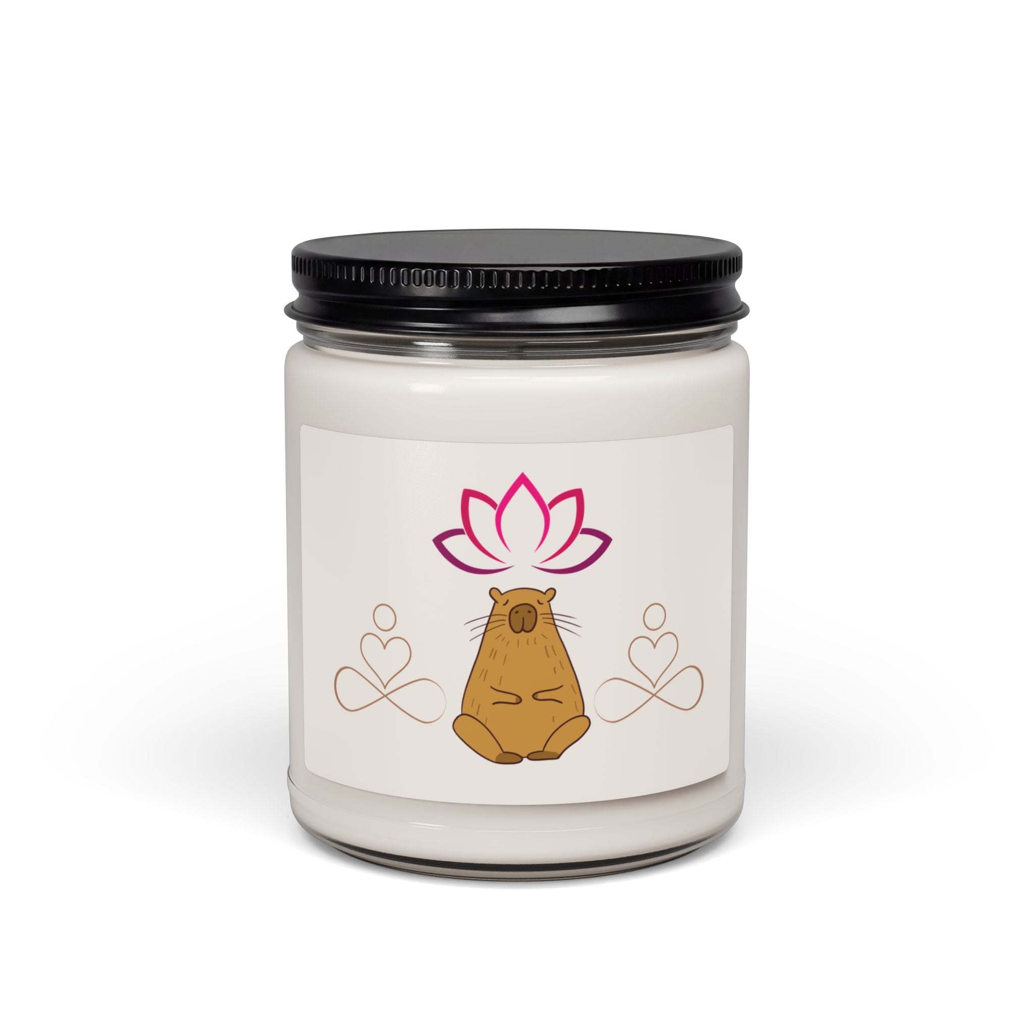Capy Life clean cotton scented candle in a glass jar with a meditating capybara and pink lotus illustration on a neutral label.