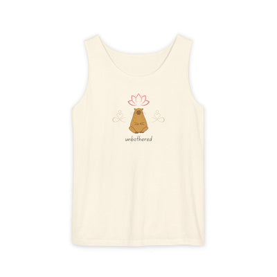 Capy Life cream tank top featuring a meditating capybara graphic with a lotus flower and the word unbothered