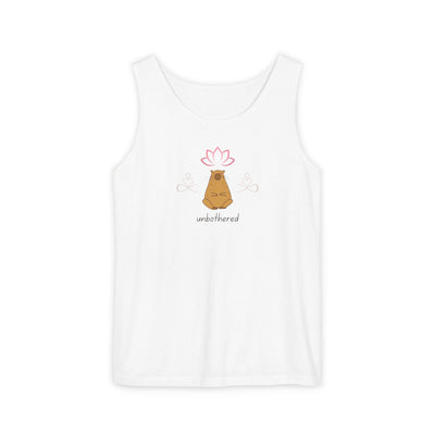 Capy Life white tank top featuring a minimalist meditating capybara illustration with a lotus flower and unbothered text