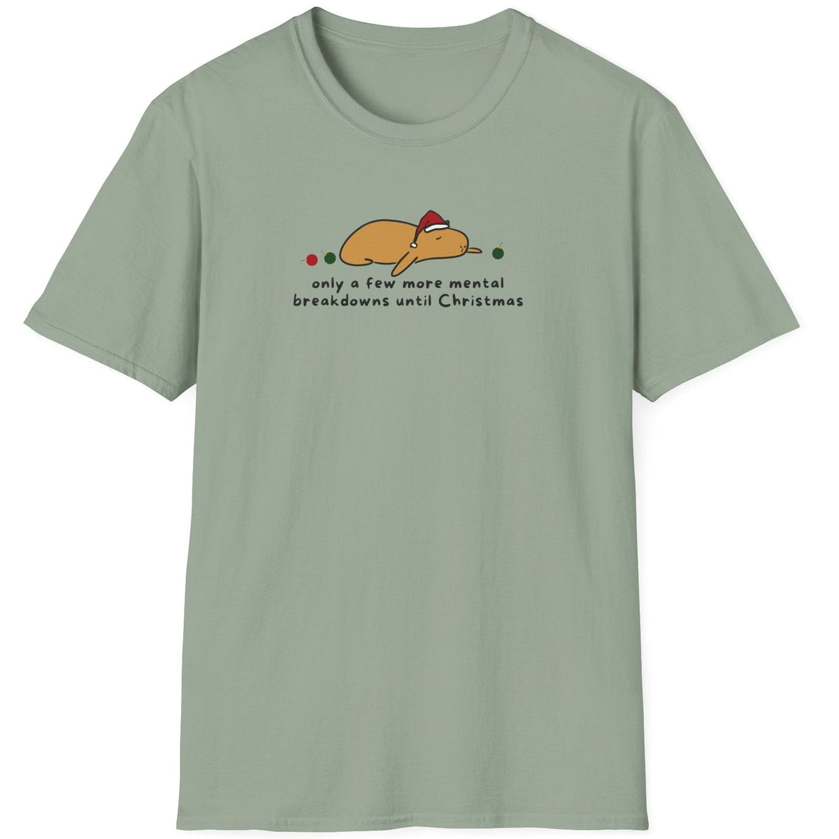 Capy Life softstyle t-shirt in sage green featuring a graphic of Gene the capybara in a Santa hat with holiday text.