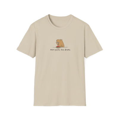 Capy Life beige softstyle t-shirt with a minimalist graphic of a capybara eating spaghetti and more pasta less drama text
