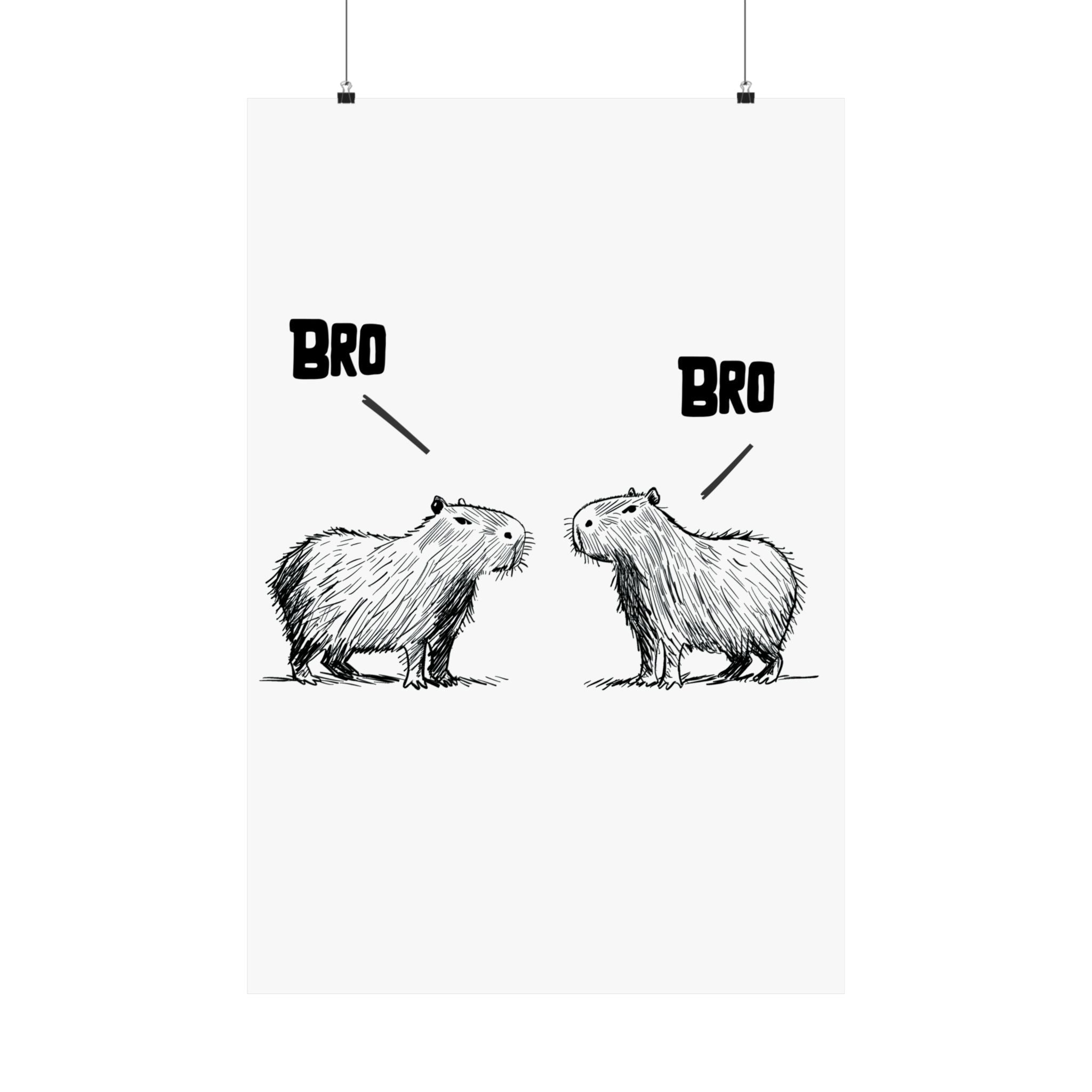 Capy Life minimalist wall art print featuring two hand-drawn capybaras facing each other with the word BRO above them.