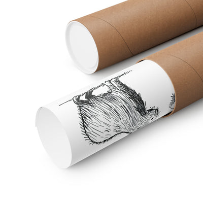 Capy Life minimalist black and white capybara wall art print rolled inside a protective cardboard shipping tube.