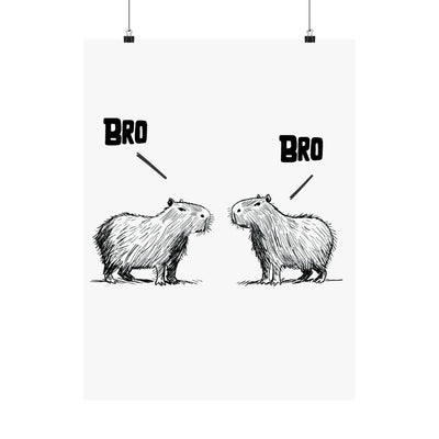 Capy Life minimalist wall art print featuring two hand-drawn capybaras facing each other with the text BRO above them.