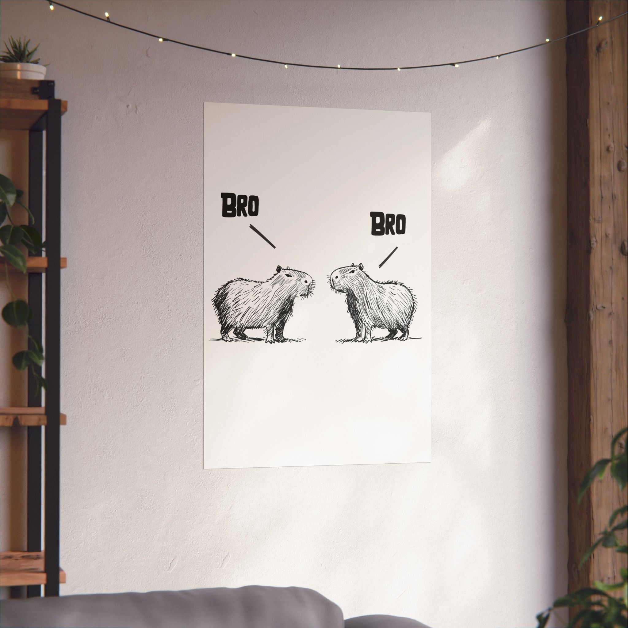 Capy Life minimalist wall art print featuring two hand-drawn capybaras facing each other with the word BRO above them.