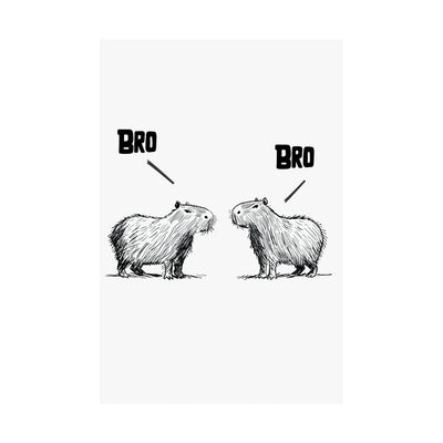 Capy Life minimalist wall art print featuring two hand-drawn capybaras facing each other with the text BRO above them.