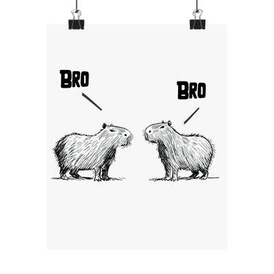 Capy Life minimalist wall art print featuring two hand-drawn capybaras facing each other with the word BRO above them.