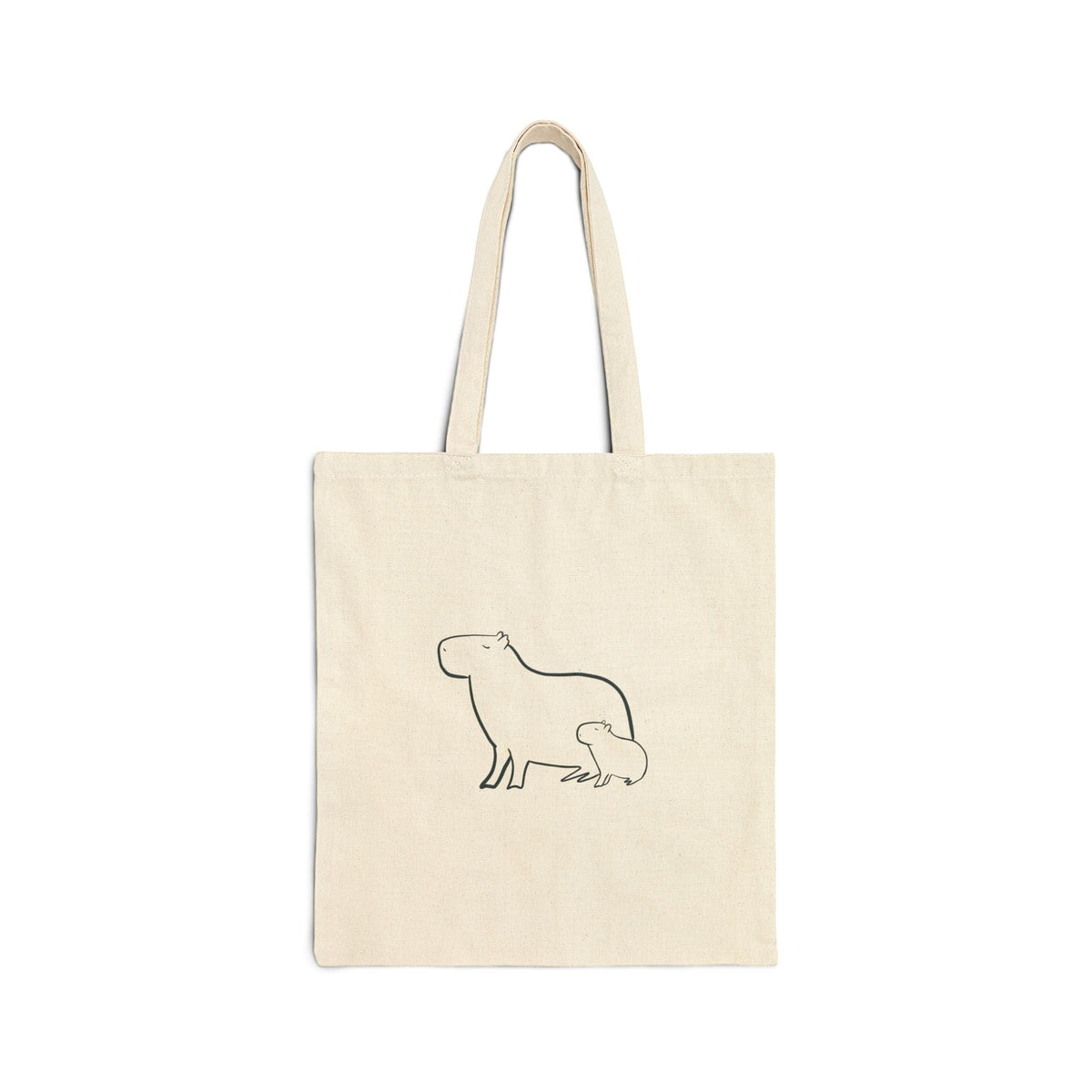Capy Life natural canvas tote bag featuring a minimalist black line drawing of a mother capybara and her baby.