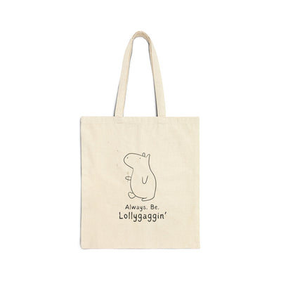 Capy Life natural canvas tote bag featuring a minimalist line drawing of a capybara and the text Always Be Lollygaggin