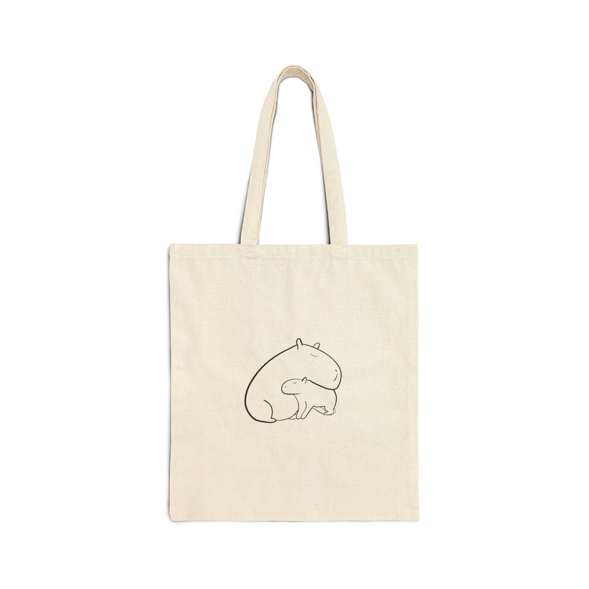 Capy Life natural canvas tote bag featuring a minimalist line drawing of a mother capybara snuggling her baby.
