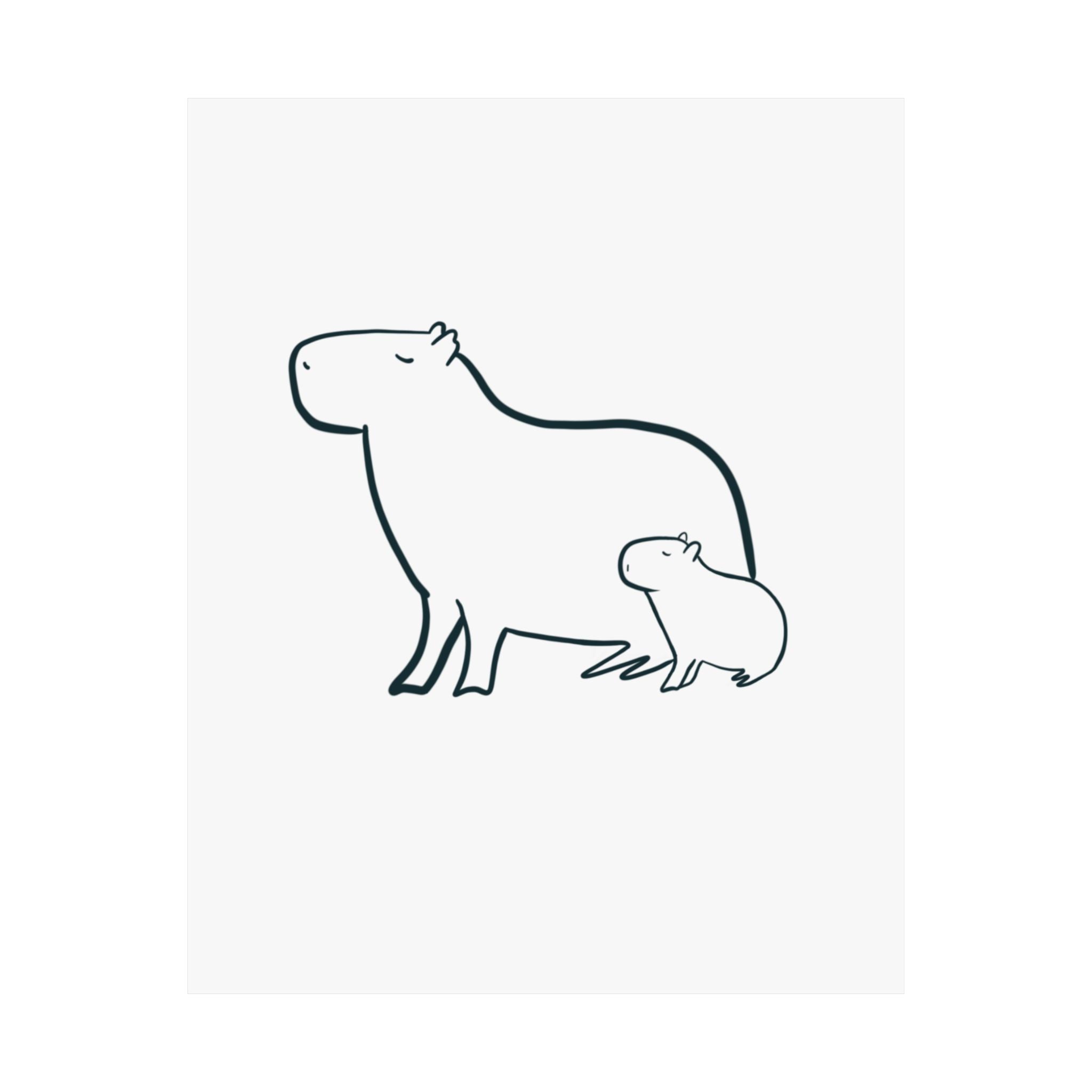 Capy Life minimalist line drawing of a mama and baby capybara on museum-grade matte paper for nursery wall decor.