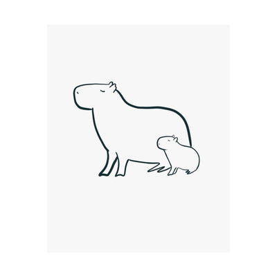 Capy Life minimalist line drawing of a mama and baby capybara on museum-grade matte paper for nursery wall decor.