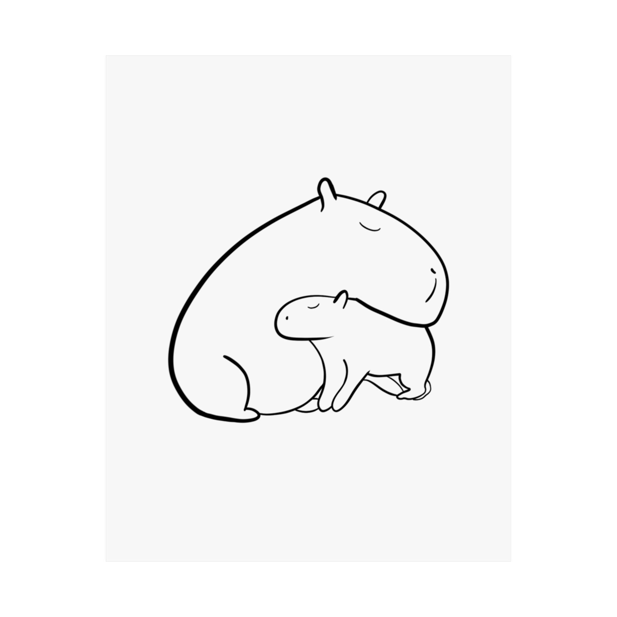 Capy Life minimalist black line art print featuring a parent and baby capybara in a gentle, calming embrace.