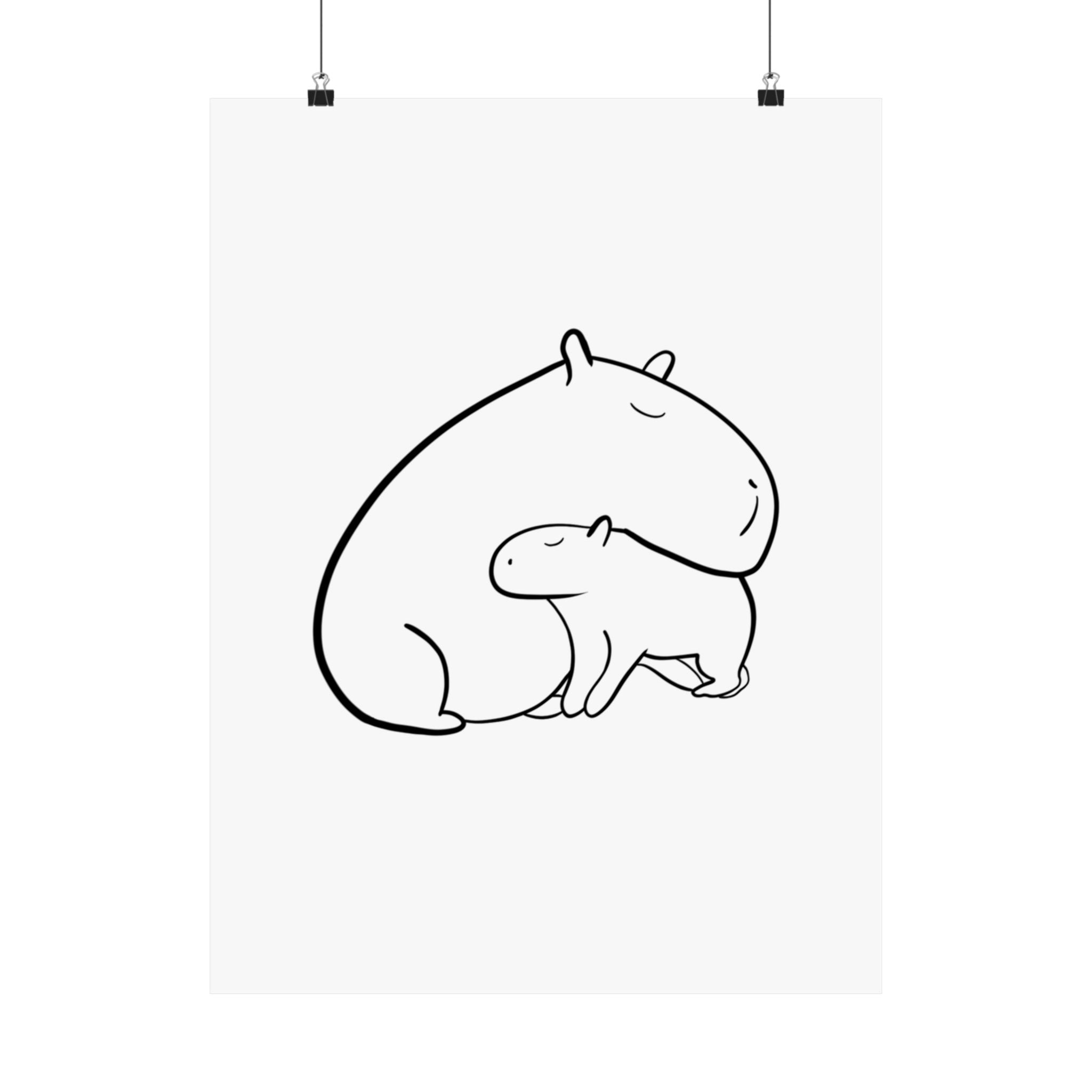 Capy Life minimalist black line art print featuring a parent and baby capybara in a gentle, comforting embrace.