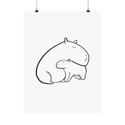 Capy Life minimalist black line art print featuring a parent and baby capybara in a gentle, comforting embrace.