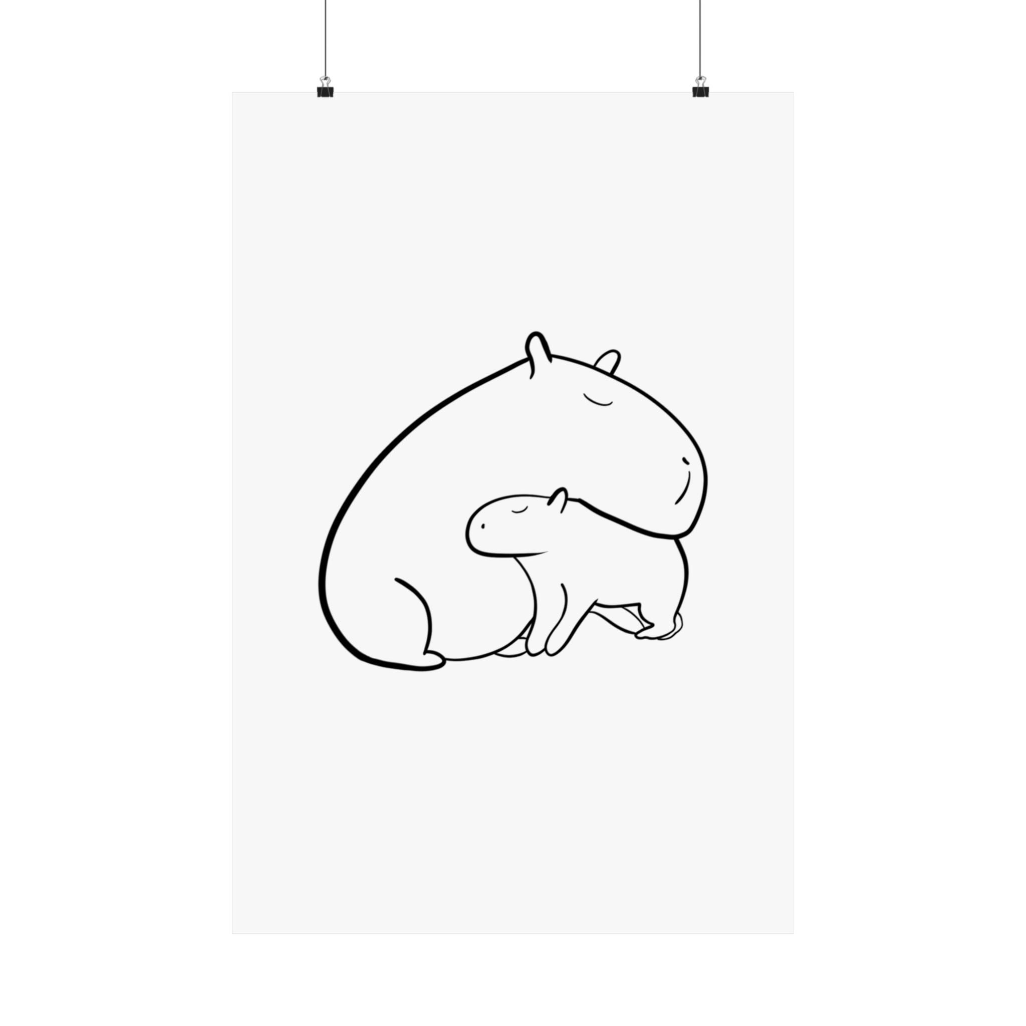 Capy Life minimalist black line art print featuring a parent and baby capybara on premium white paper.