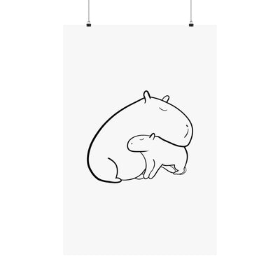 Capy Life minimalist black line art print featuring a parent and baby capybara on premium white paper.