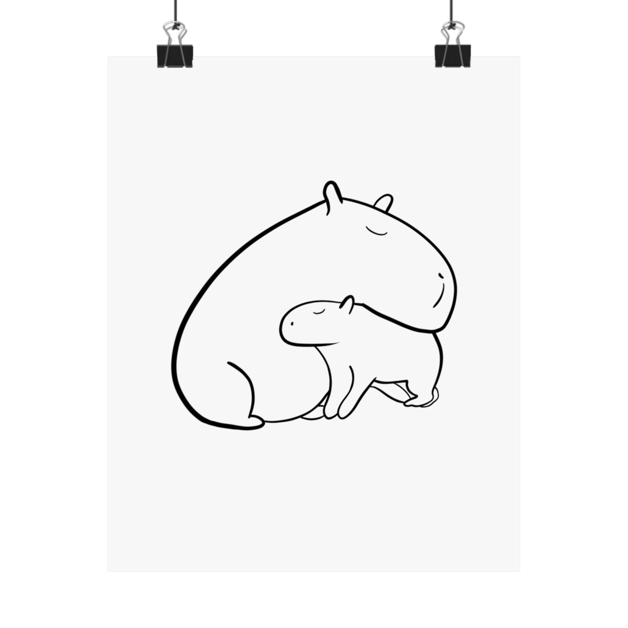 Capy Life minimalist black line art print featuring a parent and baby capybara in a gentle, calming embrace.