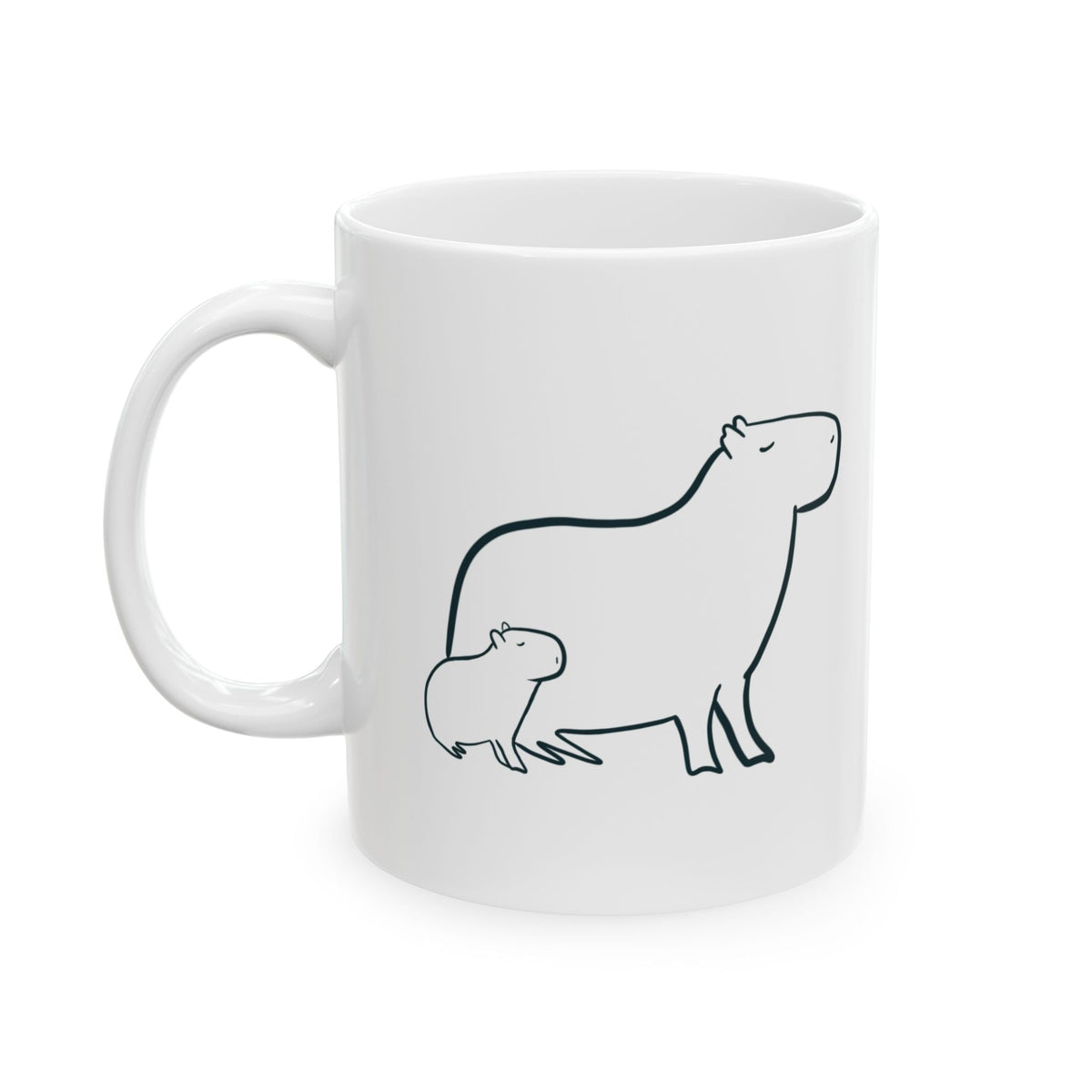 Capy Life white ceramic coffee mug featuring a minimalist black line drawing of a mother and baby capybara.