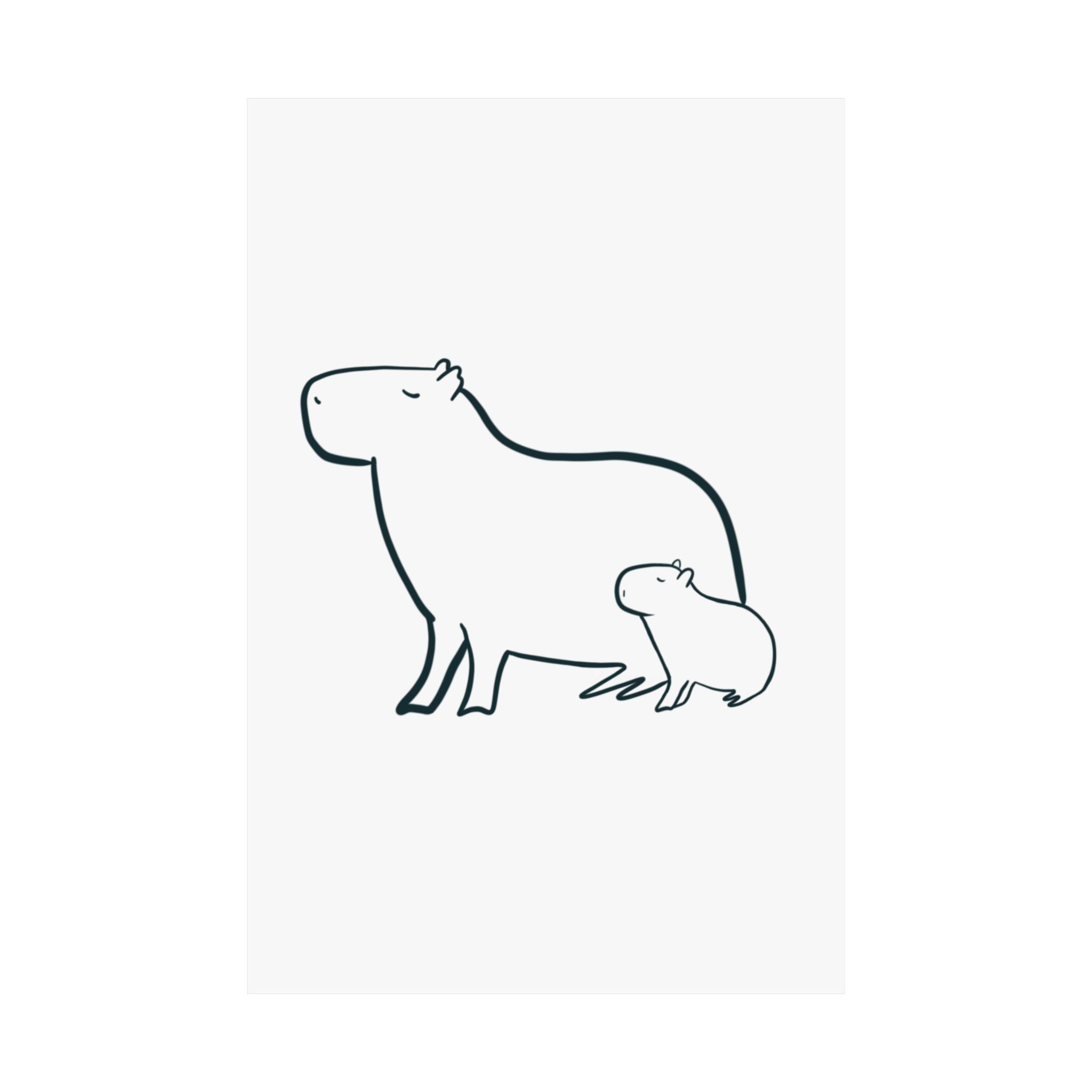 Capy Life minimalist line drawing of a mama and baby capybara on museum-grade matte paper for nursery wall decor.