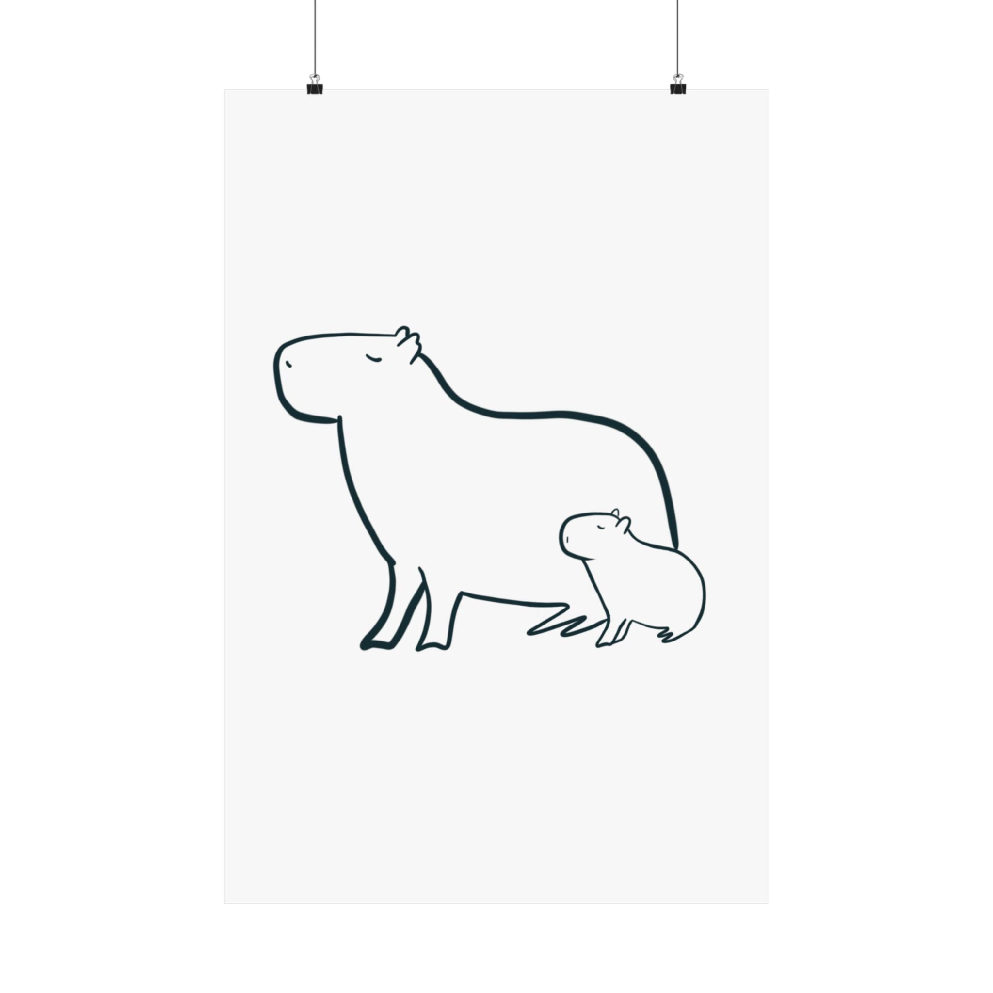 Capy Life minimalist wall art print featuring a simple black line drawing of a mama and baby capybara on white paper.
