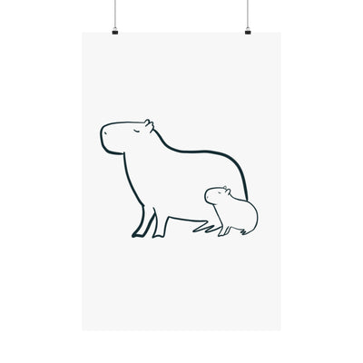 Capy Life minimalist wall art print featuring a simple black line drawing of a mama and baby capybara on white paper.