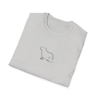 Capy Life minimalist white t-shirt featuring a simple black line drawing of a mother and baby capybara.