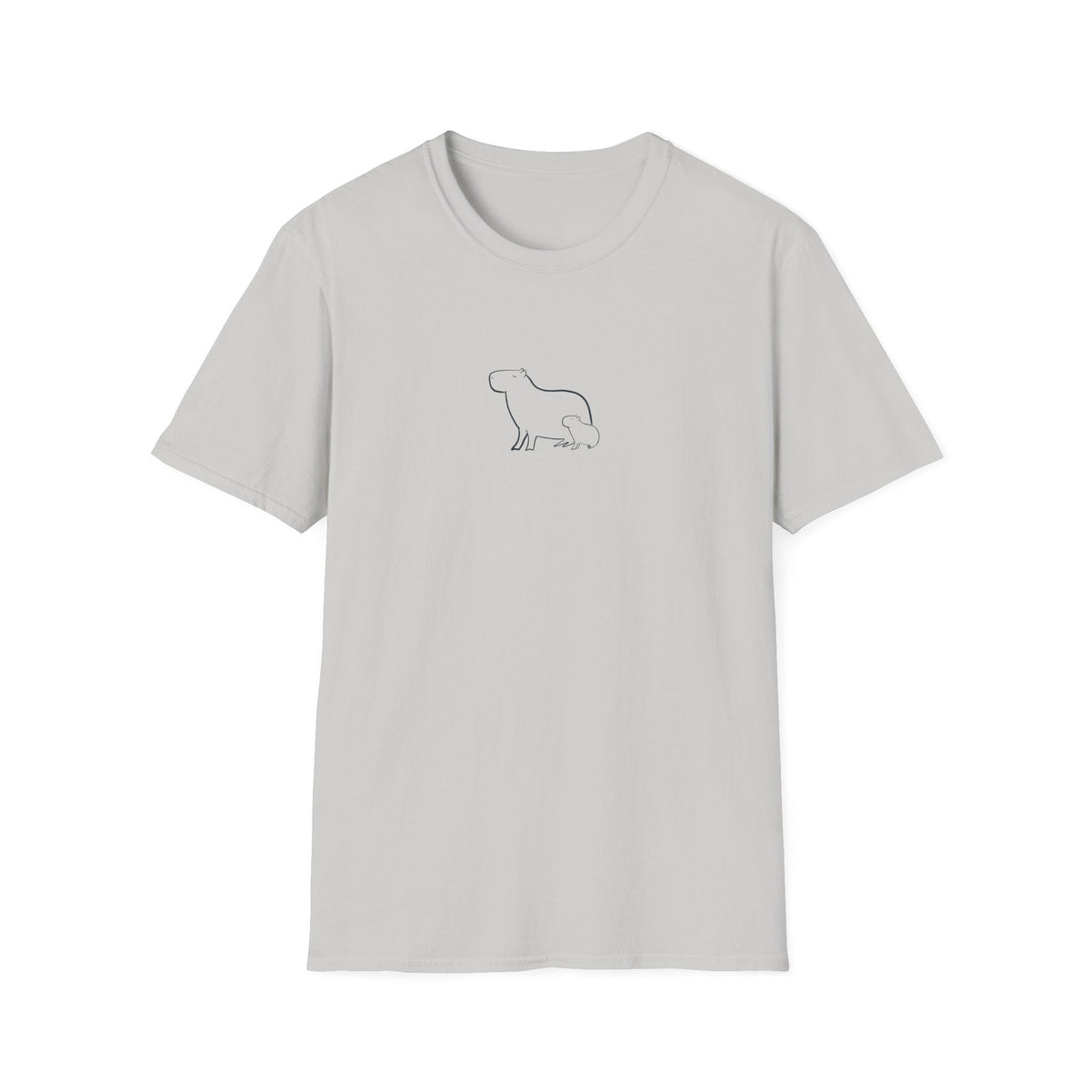 Capy Life light grey t-shirt featuring a minimalist black line art illustration of a mother capybara and her baby.