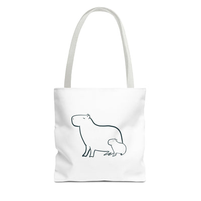 Capy Life white canvas tote bag featuring a minimalist black line art illustration of a mother and baby capybara.