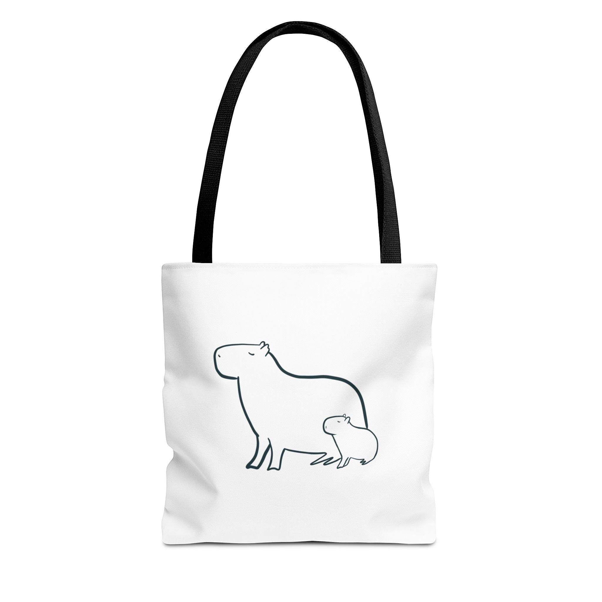 Capy Life minimalist white tote bag featuring a simple black line art illustration of a mother and baby capybara.