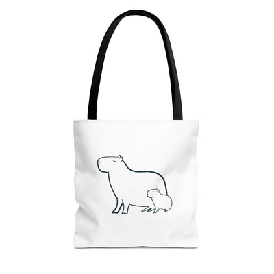 Capy Life minimalist white tote bag featuring a simple black line art illustration of a mother and baby capybara.
