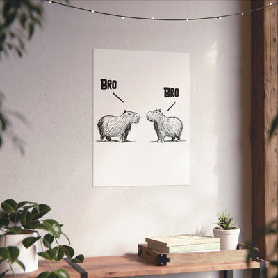 Capy Life minimalist wall art print featuring two hand-drawn capybaras facing each other with the word BRO above them.
