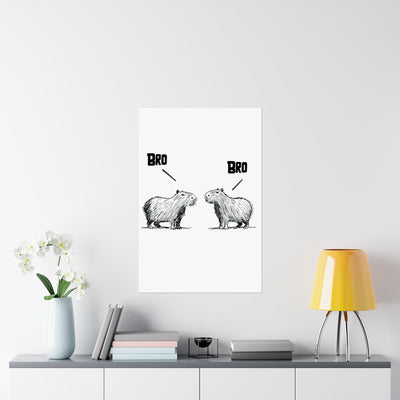 Capy Life minimalist wall art print featuring two hand-drawn capybaras facing each other with the text BRO above them.