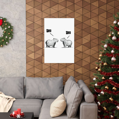 Capy Life minimalist wall art print featuring two hand-drawn capybaras saying Bro, displayed in a modern living room.