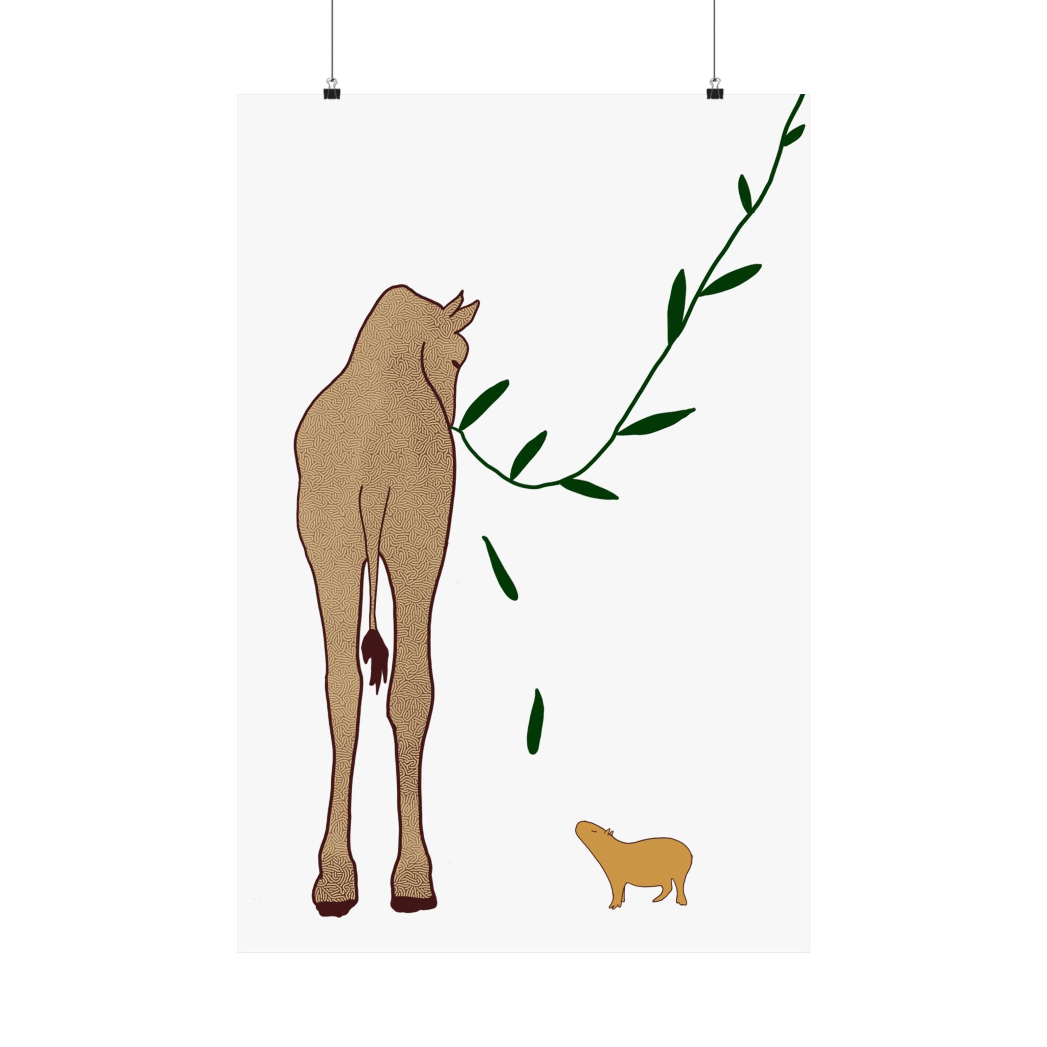 Capy Life minimalist wall art print featuring a textured giraffe and a small capybara on a neutral white background.