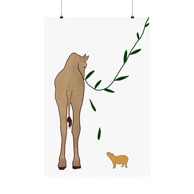 Capy Life minimalist wall art print featuring a textured giraffe and a small capybara on a neutral white background.
