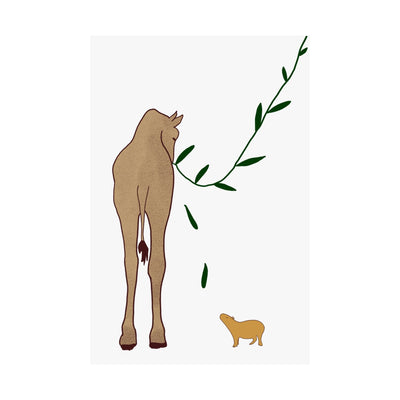 Capy Life minimalist wall art print featuring a textured giraffe and a small capybara with a green leafy branch.