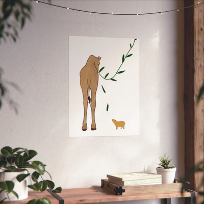 Capy Life minimalist wall art print featuring a giraffe and capybara in neutral tones on a white wall above a wooden shelf