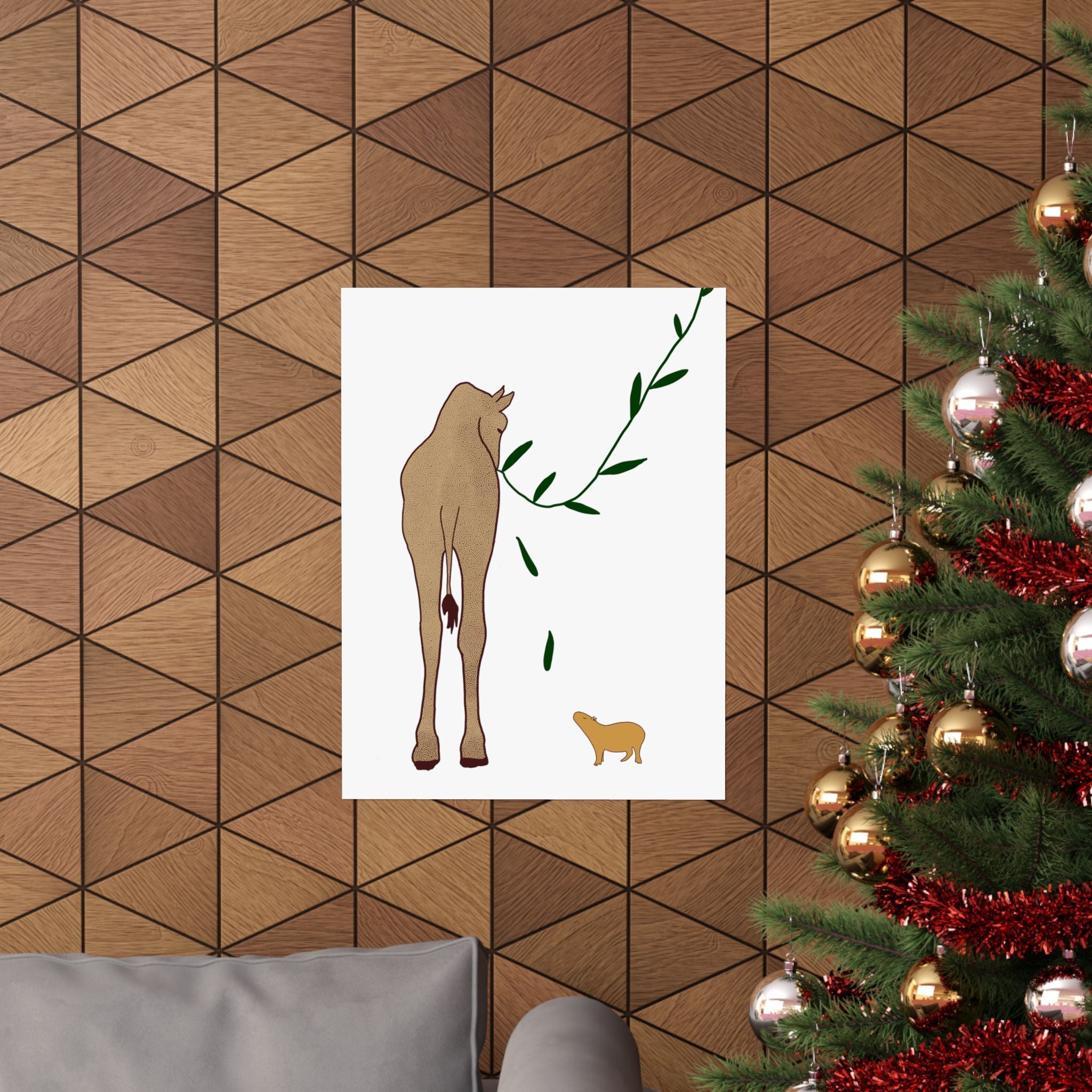Capy Life minimalist wall art print featuring a giraffe and capybara, displayed on a modern wood-paneled wall.