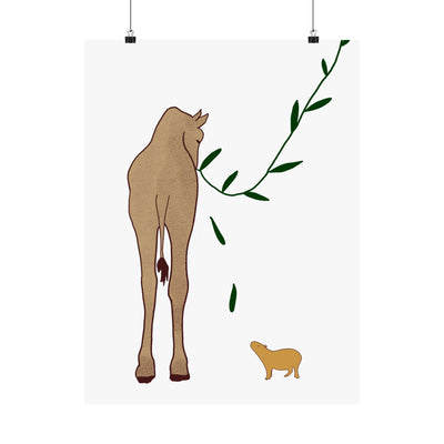Capy Life minimalist wall art print featuring a textured giraffe reaching for a leafy branch with a capybara below.